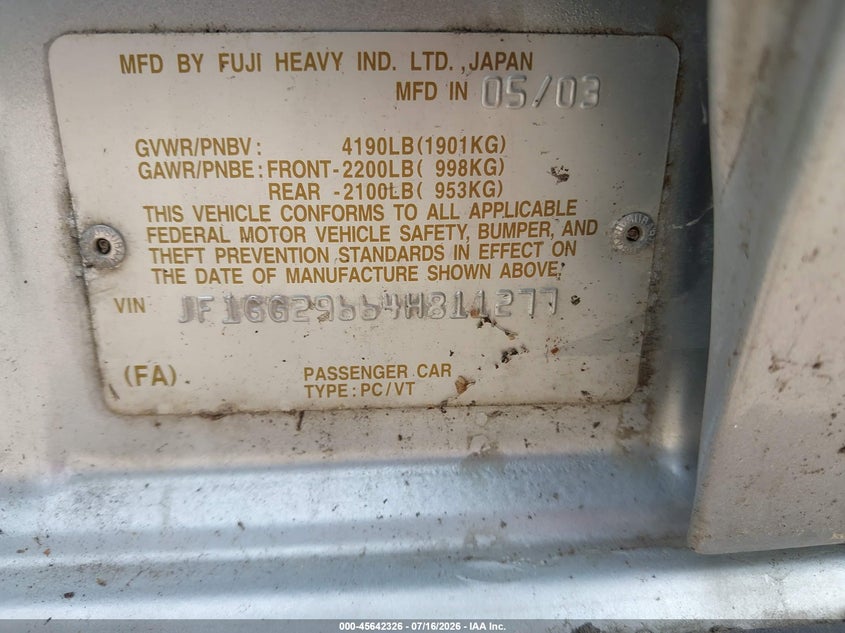 2004 Subaru Impreza VIN JF1GG29664H811277 IAAI salvage auction — NORMAL WEAR, Clear (Illinois), sold $850 on 2026-07-28 (photo 9)