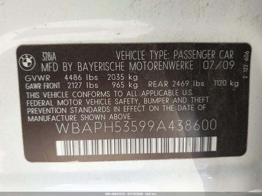 2009 BMW 3er VIN WBAPH53599A438600 IAAI salvage auction — FRONT END, Salvage (California), sold $550 on 2026-07-26 (photo 9)
