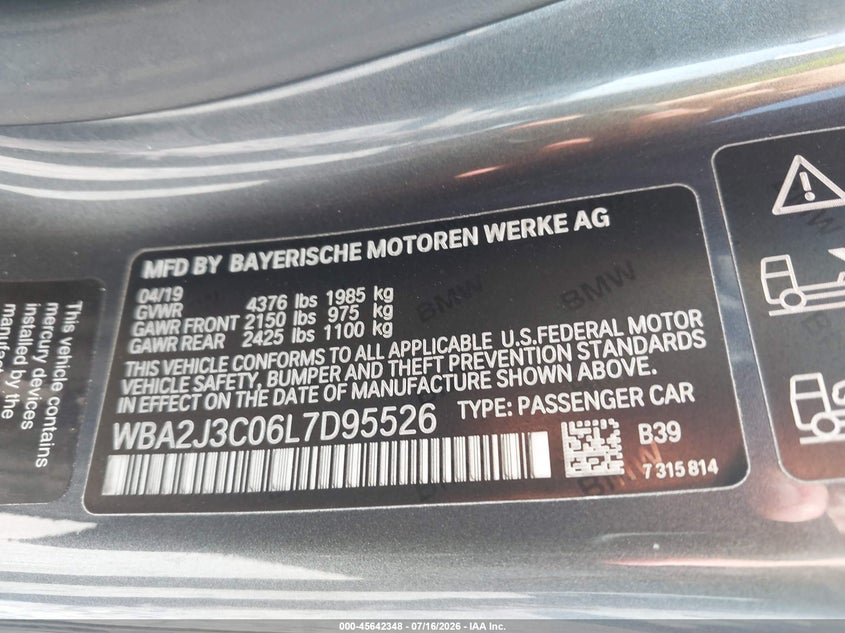 2020 BMW 2er VIN WBA2J3C06L7D95526 IAAI salvage auction — RIGHT FRONT, Salvage Title, sold $5,050 on 2026-08-13 (photo 9)