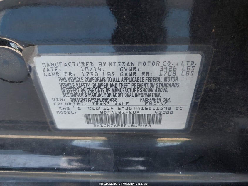2015 Nissan Versa VIN 3N1CN7AP2FL869488 IAAI salvage auction — FRONT & REAR, Salvage Title, sold $450 on 2026-08-02 (photo 9)