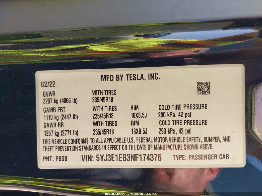 2022 Tesla Model 3 VIN 5YJ3E1EB3NF174376 IAAI salvage auction — SIDE, Salvage (Ohio), sold $7,600 on 2026-08-02 (photo 9)