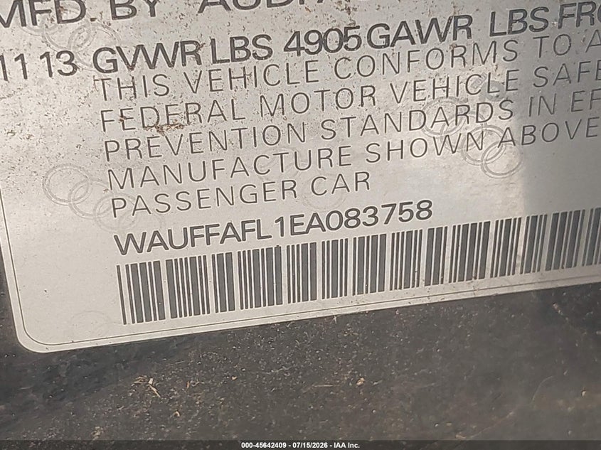 2014 Audi A4 VIN WAUFFAFL1EA083758 IAAI salvage auction — NORMAL WEAR, Clear - Dealer Only (California), sold $800 on 2026-07-29 (photo 9)