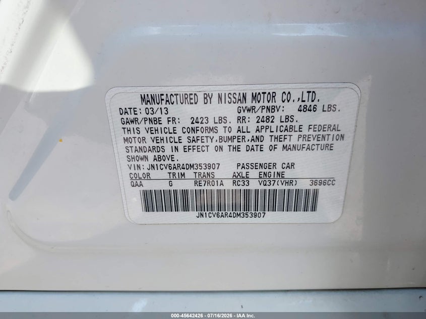 2013 Infiniti G VIN JN1CV6AR4DM353907 IAAI salvage auction — LEFT SIDE, Certificate Of Title (Nebraska), sold $1,000 on 2026-08-24 (photo 9)