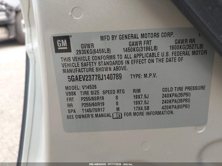 2008 Buick Enclave VIN 5GAEV23778J140789 IAAI salvage auction — UNKNOWN, Salvage (Pennsylvania), sold $300 on 2026-07-24 (photo 9)