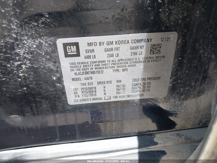 2022 Buick Encore VIN KL4CJESM7NB515512 IAAI salvage auction — HAIL, Original (Texas), sold $3,600 on 2026-08-24 (photo 9)