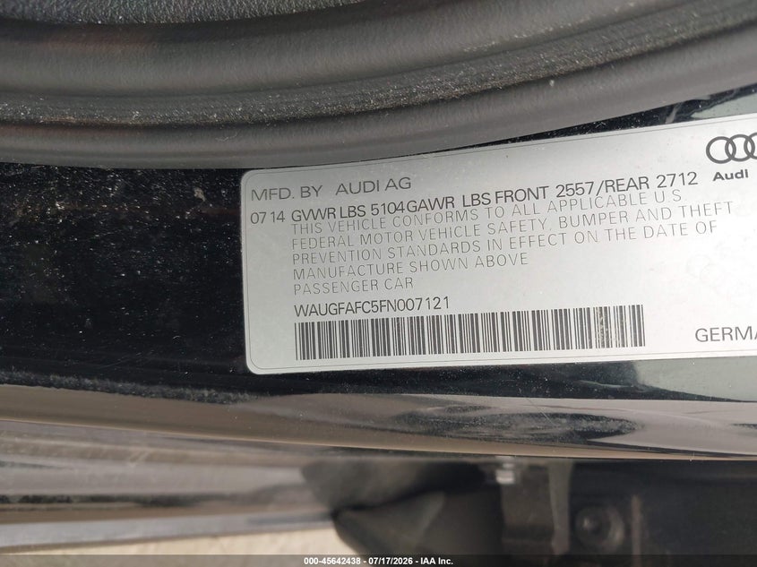 2015 Audi A6 VIN WAUGFAFC5FN007121 IAAI salvage auction — REAR END, Salvage Title, sold $2,350 on 2026-07-31 (photo 9)