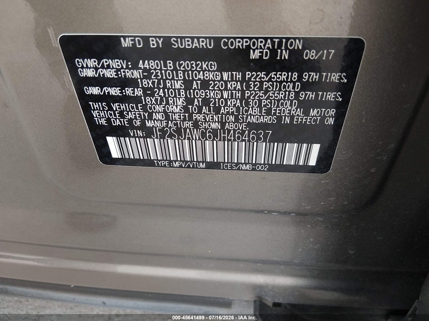 2018 Subaru Forester VIN JF2SJAWC6JH464637 IAAI salvage auction — FRONT END, Salvage (Texas), sold $6,250 on 2026-07-31 (photo 9)