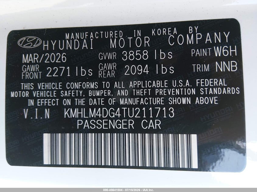 2026 Hyundai Elantra VIN KMHLM4DG4TU211713 IAAI salvage auction — FRONT END, Enterprise Veh. Bill Of Sale -Parts Only (Washington), sold $3,150 on 2026-07-22 (photo 9)