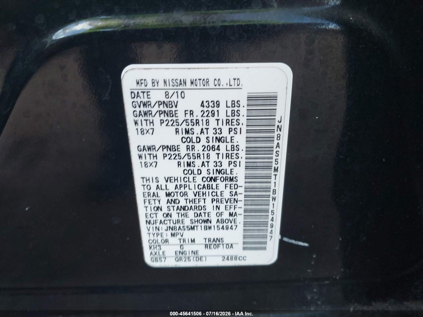 2011 Nissan Rogue sport VIN JN8AS5MT1BW154947 IAAI salvage auction — NORMAL WEAR, Clear (Hawaii), sold $100 on 2026-07-28 (photo 9)