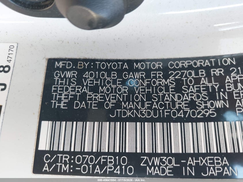 2015 Toyota Prius VIN JTDKN3DU1F0470295 IAAI salvage auction — NORMAL WEAR, Salvage (California), sold $3,250 on 2026-07-29 (photo 9)