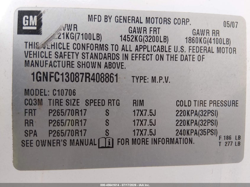 2007 Chevrolet Tahoe VIN 1GNFC13087R408861 IAAI salvage auction — REAR END, Non-Repairable (Texas), sold $500 on 2026-07-24 (photo 9)