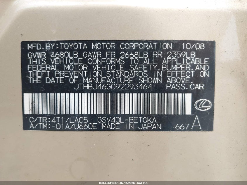 2009 Lexus Es 350 VIN JTHBJ46G092293464 IAAI salvage auction — NORMAL WEAR, Clear (New Jersey), sold $1,150 on 2026-07-22 (photo 9)