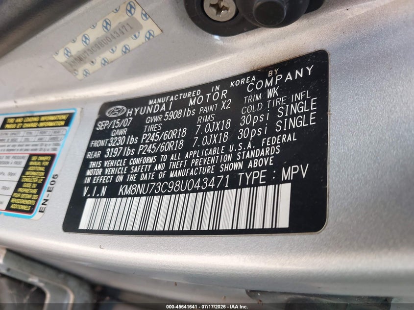 2008 Hyundai Veracruz VIN KM8NU73C98U043471 IAAI salvage auction — NORMAL WEAR, Clear (Minnesota), sold $25 on 2026-07-22 (photo 9)