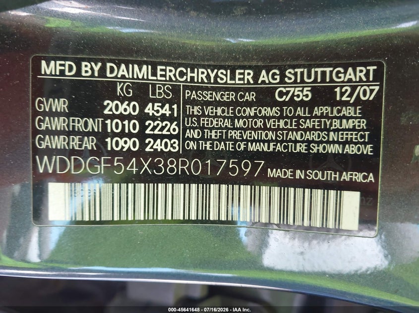 2008 Mercedes-benz C class VIN WDDGF54X38R017597 IAAI salvage auction — FRONT END, Clear (Tennessee), sold $425 on 2026-08-20 (photo 9)