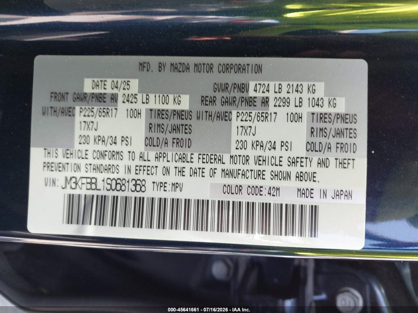 2025 Mazda Cx-5 VIN JM3KFBBL1S0681368 IAAI salvage auction — LEFT FRONT, Enterprise Vehicles Clear Only (New Jersey), sold $8,900 on 2026-07-20 (photo 9)