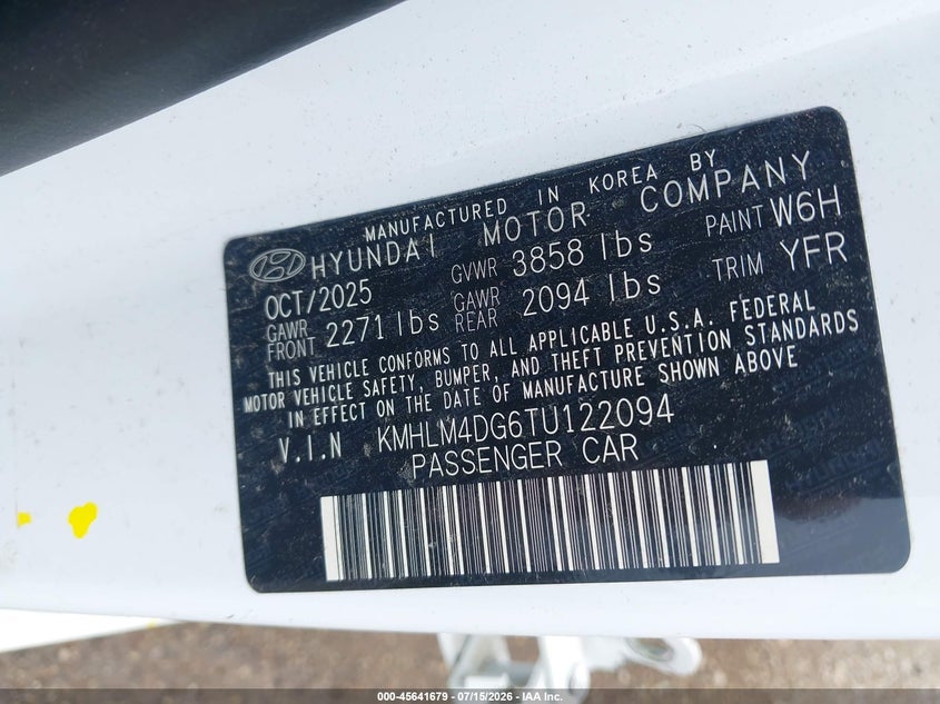 2026 Hyundai Elantra VIN KMHLM4DG6TU122094 IAAI salvage auction — SIDE, Enterprise Vehicles Clear Only (Texas), sold $8,200 on 2026-07-22 (photo 9)