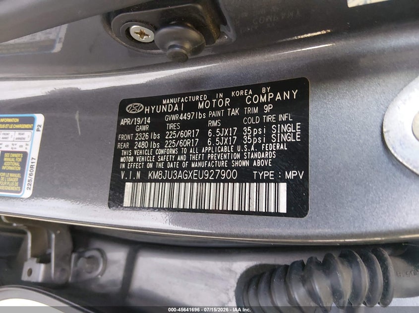 2014 Hyundai Tucson VIN KM8JU3AGXEU927900 IAAI salvage auction — NORMAL WEAR, Clear (Florida), sold $1,750 on 2026-07-22 (photo 9)