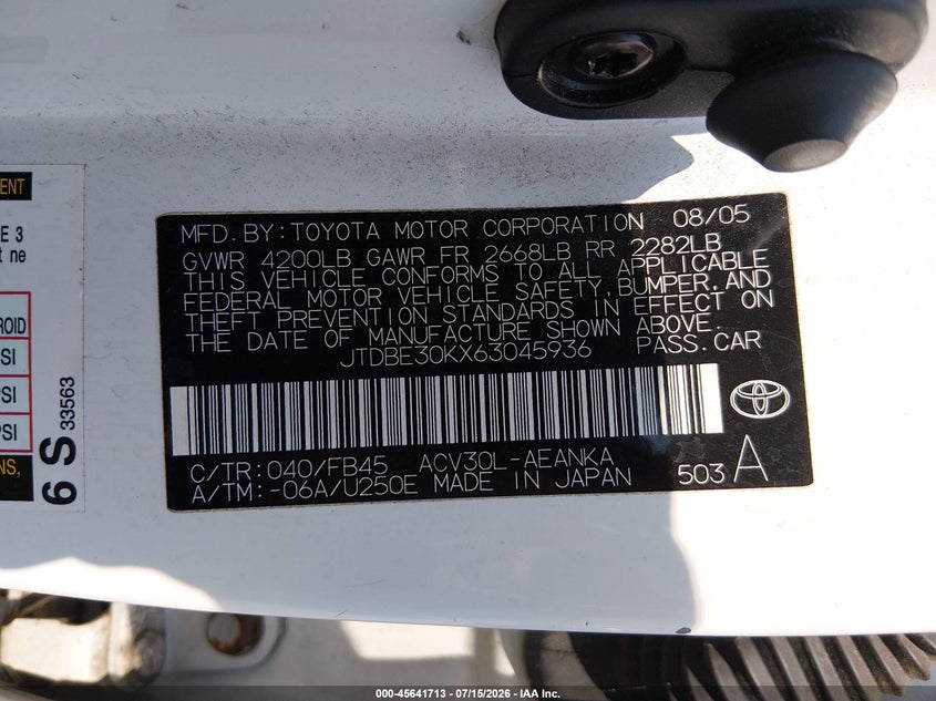 2006 Toyota Camry VIN JTDBE30KX63045936 IAAI salvage auction — NORMAL WEAR, Clear (Maryland), sold $525 on 2026-07-23 (photo 9)