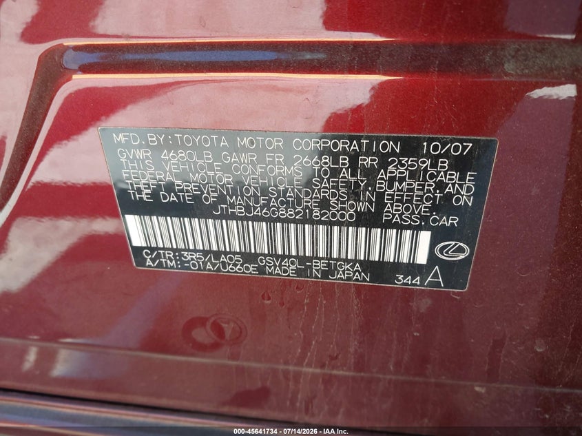 2008 Lexus Es 350 VIN JTHBJ46G882182000 IAAI salvage auction — NORMAL WEAR, Clear - Dealer Only (California), sold $625 on 2026-07-23 (photo 9)