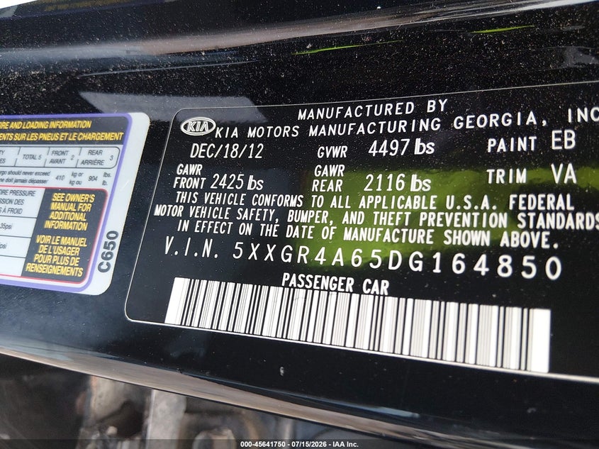 2013 Kia Optima VIN 5XXGR4A65DG164850 IAAI salvage auction — TRANSMISSION, Original (Texas), sold $225 on 2026-07-29 (photo 9)