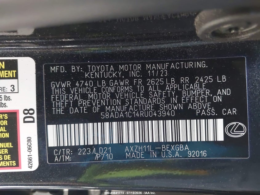 2024 Lexus ES VIN 58ADA1C14RU043940 IAAI salvage auction — RIGHT FRONT, Wait Title, sold $13,700 on 2026-09-10 (photo 9)
