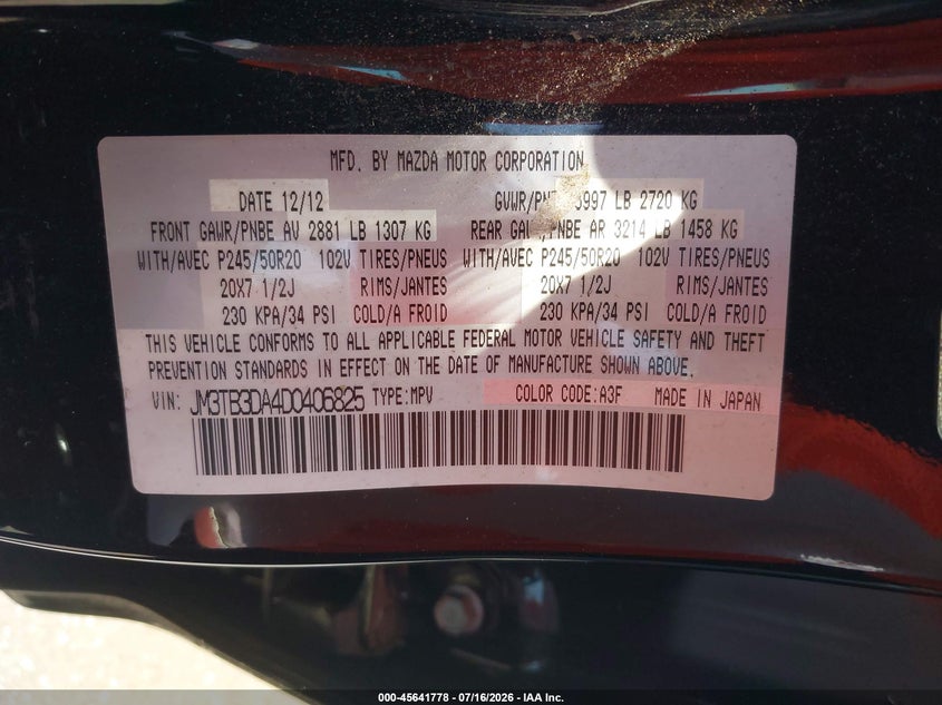 2013 Mazda Cx-9 VIN JM3TB3DA4D0406825 IAAI salvage auction — LEFT FRONT, Salvage Certificate (California), sold $400 on 2026-07-24 (photo 9)