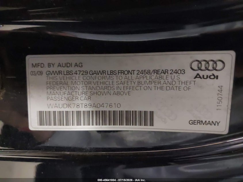 2009 Audi A5 VIN WAUDK78T89A047610 IAAI salvage auction — NORMAL WEAR, Original (Maine), sold $400 on 2026-07-27 (photo 9)