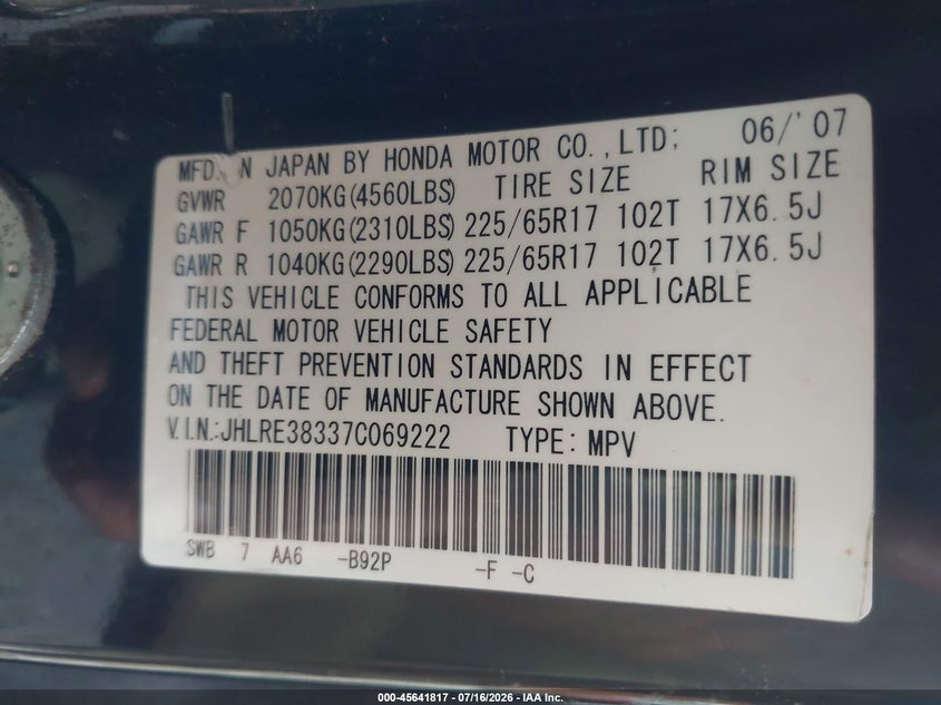 2007 Honda Cr-v VIN JHLRE38337C069222 IAAI salvage auction — RIGHT SIDE, Salvage Title, sold $375 on 2026-07-22 (photo 9)