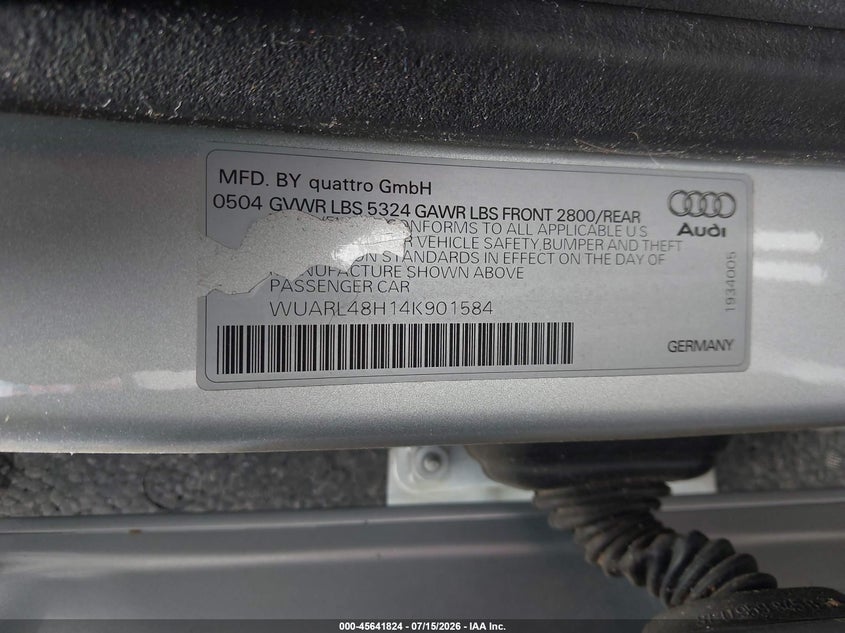 2004 Audi S4 VIN WUARL48H14K901584 IAAI salvage auction — NORMAL WEAR, Clear (Florida), sold $425 on 2026-07-29 (photo 9)