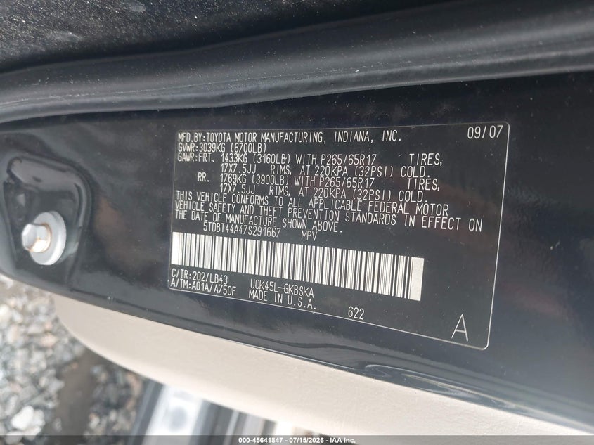 2007 Toyota Sequoia VIN 5TDBT44A47S291667 IAAI salvage auction — NORMAL WEAR, Clear (Georgia), sold $1,475 on 2026-07-17 (photo 9)