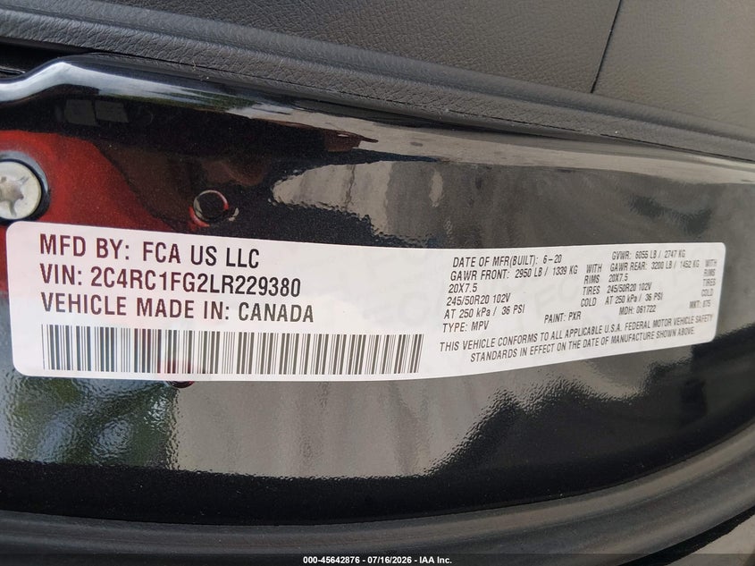 2020 Chrysler Pacifica VIN 2C4RC1FG2LR229380 IAAI salvage auction — RIGHT SIDE, Salvage (Illinois), sold $3,700 on 2026-08-20 (photo 9)