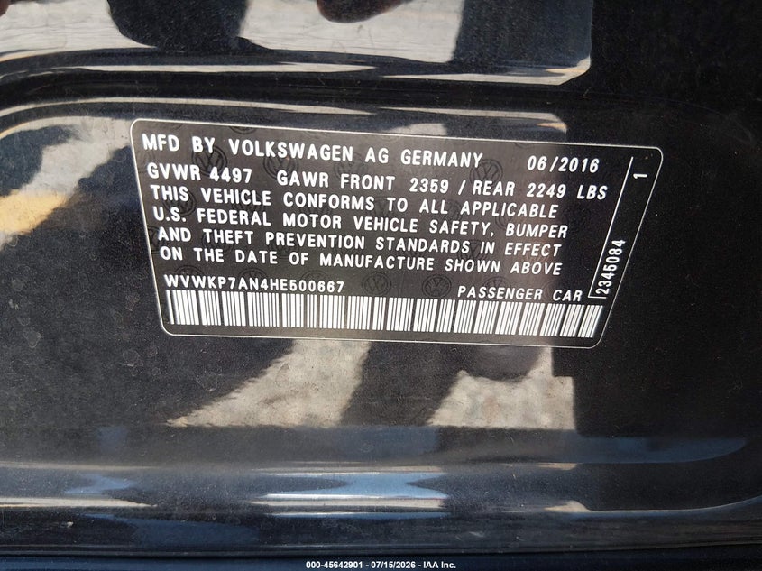 2017 Volkswagen Passat cc VIN WVWKP7AN4HE500667 IAAI salvage auction — FRONT END, Salvage (California), sold $1,200 on 2026-08-11 (photo 9)