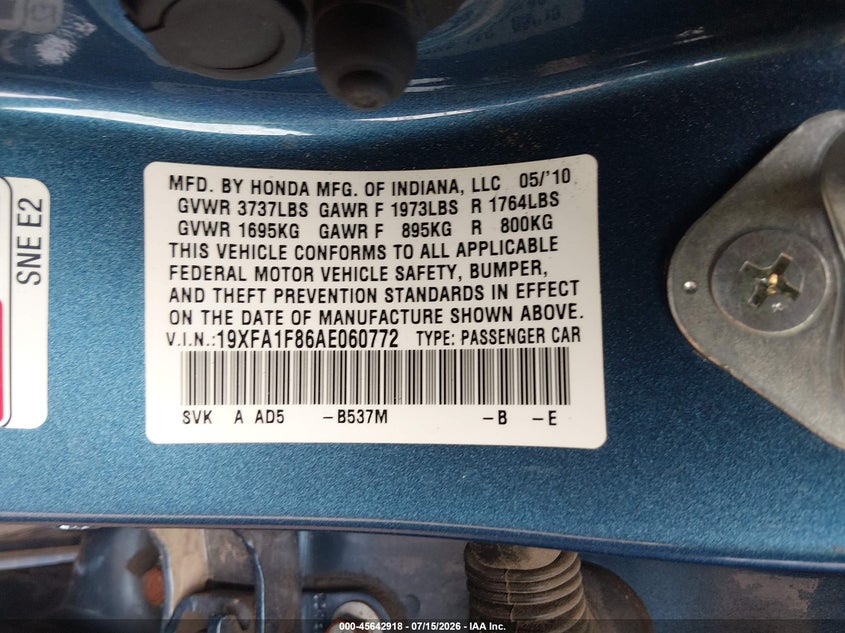 2010 Honda Civic VIN 19XFA1F86AE060772 IAAI salvage auction — RIGHT FRONT, Salvage (Arizona), sold $2,550 on 2026-08-02 (photo 9)