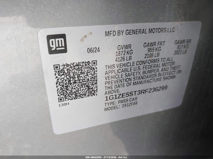 2024 Chevrolet Malibu VIN 1G1ZE5ST3RF236299 IAAI salvage auction — ENGINE DAMAGE, Enterprise Vehicles Clear Only (California), sold $10,800 on 2026-07-30 (photo 9)
