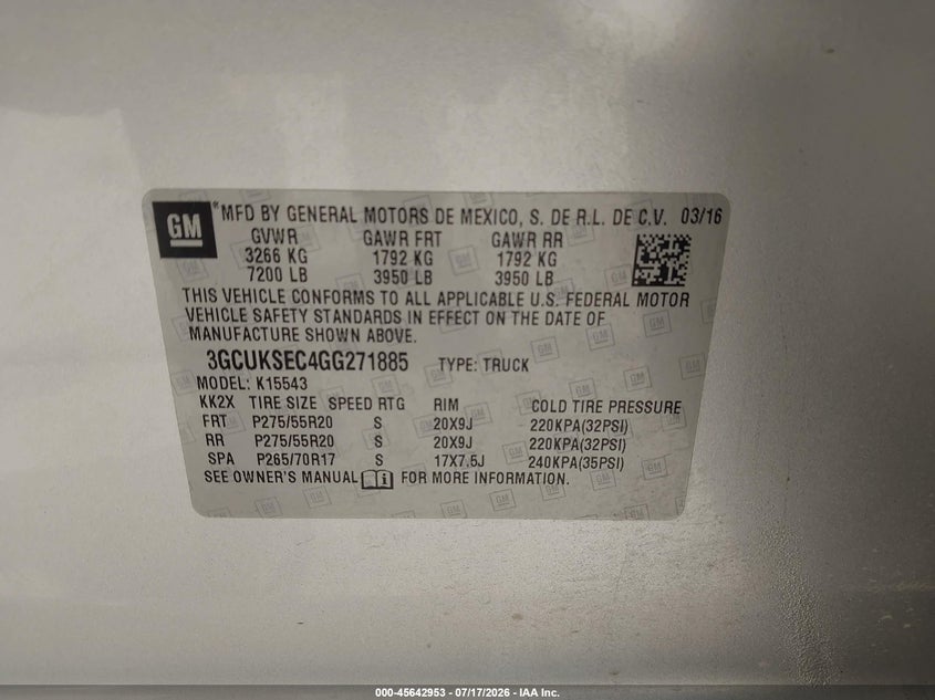 2016 Chevrolet Silverado VIN 3GCUKSEC4GG271885 IAAI salvage auction — FRONT END, Salvage (Texas), sold $4,000 on 2026-09-02 (photo 9)