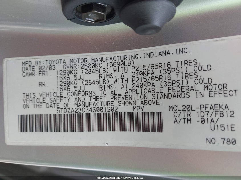 2004 Toyota Sienna VIN 5TDZA23C34S001202 IAAI salvage auction — NORMAL WEAR, Clear (Alabama), sold $575 on 2026-07-29 (photo 9)