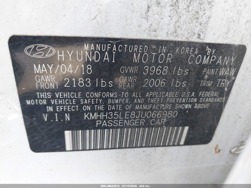 2018 Hyundai Elantra VIN KMHH35LE8JU066980 IAAI salvage auction — NORMAL WEAR, Clear (Florida), sold $1,050 on 2026-07-22 (photo 9)