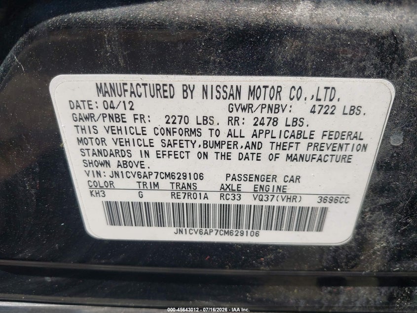 2012 Infiniti G VIN JN1CV6AP7CM629106 IAAI salvage auction — SIDE, Salvage (California), sold $1,350 on 2026-07-28 (photo 9)