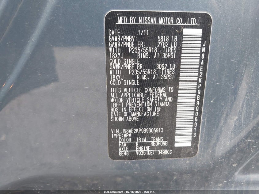 2011 Nissan Quest VIN JN8AE2KP9B9006913 IAAI salvage auction — NORMAL WEAR, Original (Texas), sold $25 on 2026-07-29 (photo 9)