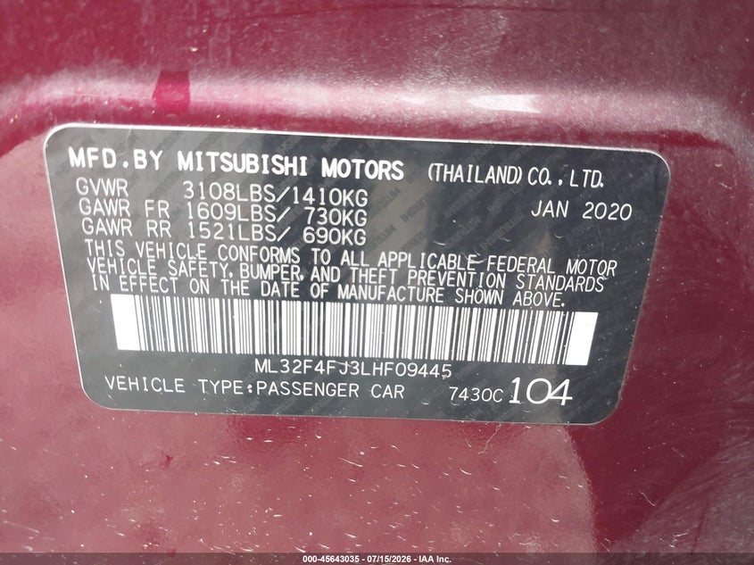 2020 Mitsubishi Mirage VIN ML32F4FJ3LHF09445 IAAI salvage auction — SIDE, Original (Texas), sold $1,800 on 2026-07-29 (photo 9)