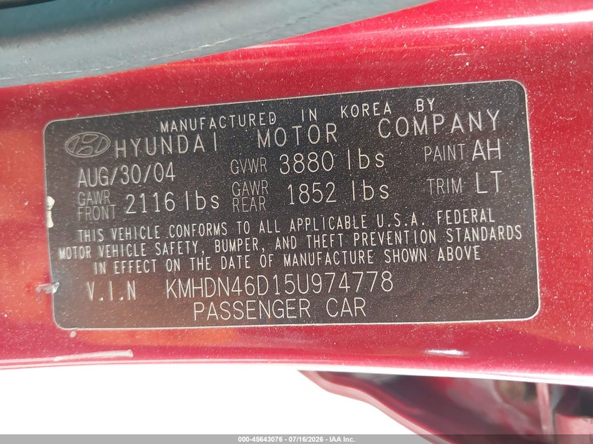 2005 Hyundai Elantra VIN KMHDN46D15U974778 IAAI salvage auction — LEFT FRONT, Salvage (Pennsylvania), sold $350 on 2026-07-31 (photo 9)