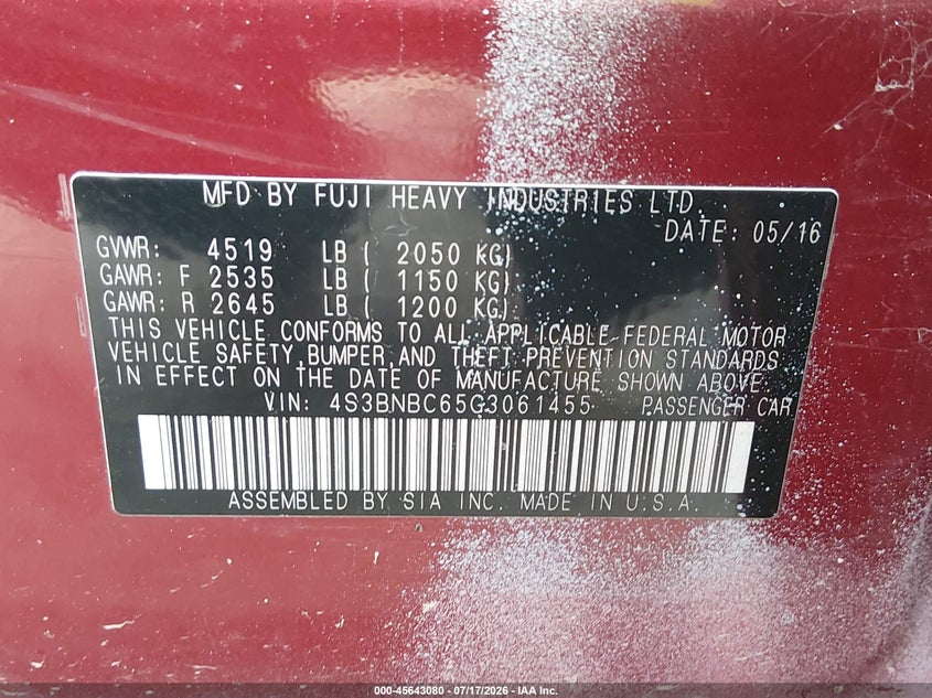 2016 Subaru LEGACY VIN 4S3BNBC65G3061455 IAAI salvage auction — FRONT & REAR, Certificate Of Title (Nebraska), sold $800 on 2026-08-24 (photo 9)
