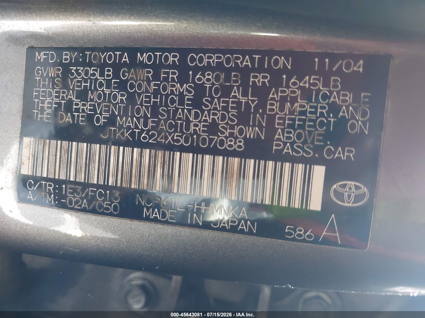 2005 Scion Xa VIN JTKKT624X50107088 IAAI salvage auction — RIGHT SIDE, Rebuildable (Florida), sold $275 on 2026-07-30 (photo 9)