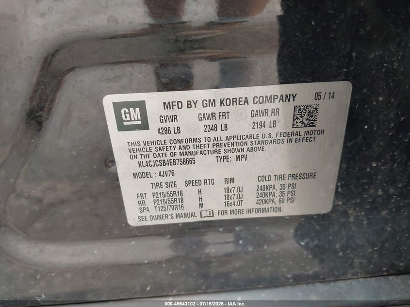 2014 Buick Encore VIN KL4CJCSB4EB758665 IAAI salvage auction — NORMAL WEAR, Clear (Michigan), sold $950 on 2026-08-01 (photo 9)