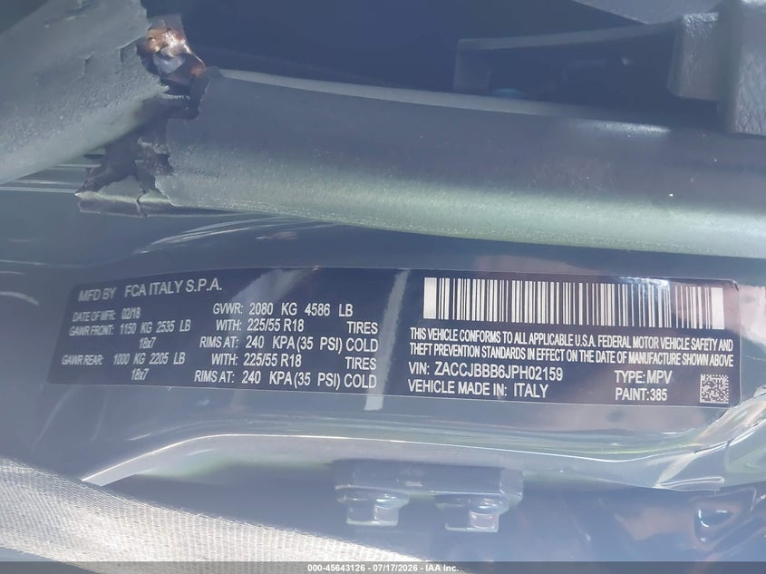 2018 Jeep Renegade VIN ZACCJBBB6JPH02159 IAAI salvage auction — ROLLOVER, Wait Title, sold $400 on 2026-08-13 (photo 9)