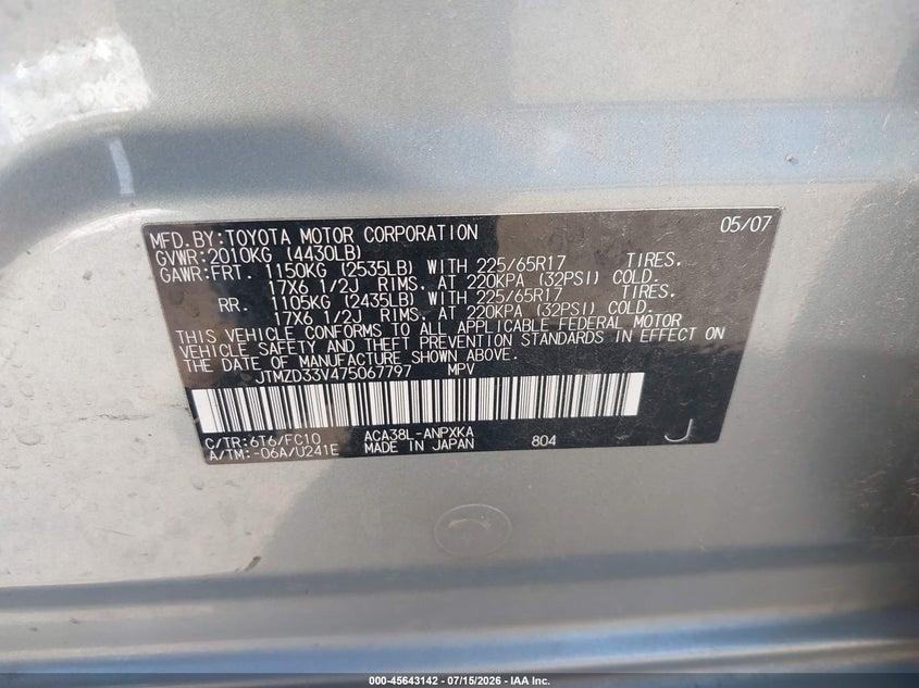 2007 Toyota Rav4 VIN JTMZD33V475067797 IAAI salvage auction — NORMAL WEAR, Clear - Dealer Only (California), sold $200 on 2026-07-28 (photo 9)
