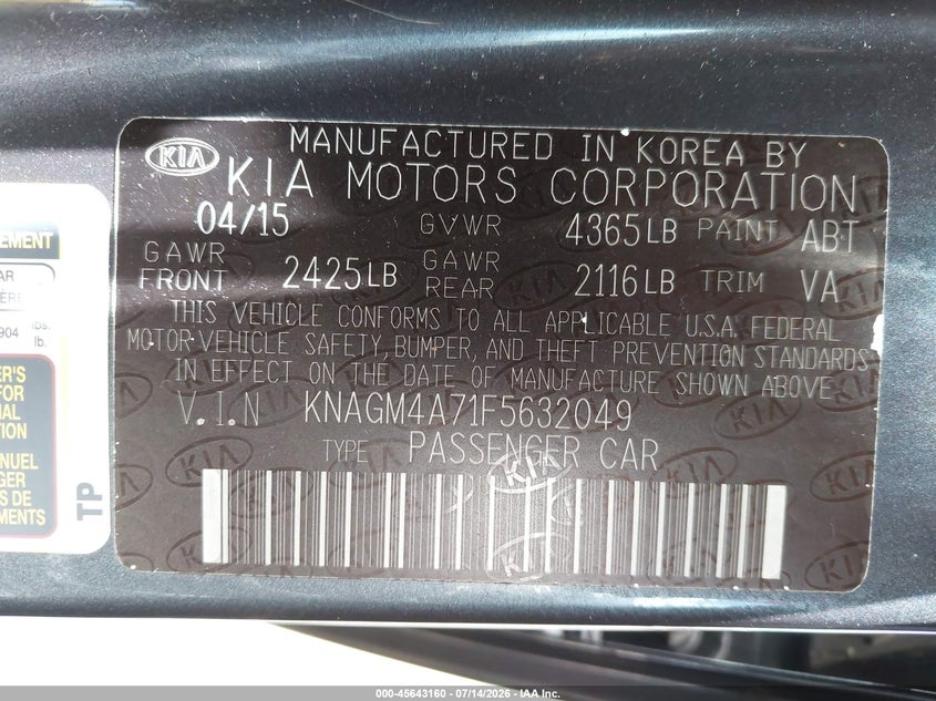 2015 Kia Optima VIN KNAGM4A71F5632049 IAAI salvage auction — NORMAL WEAR, Salvage Title, sold $300 on 2026-07-28 (photo 9)