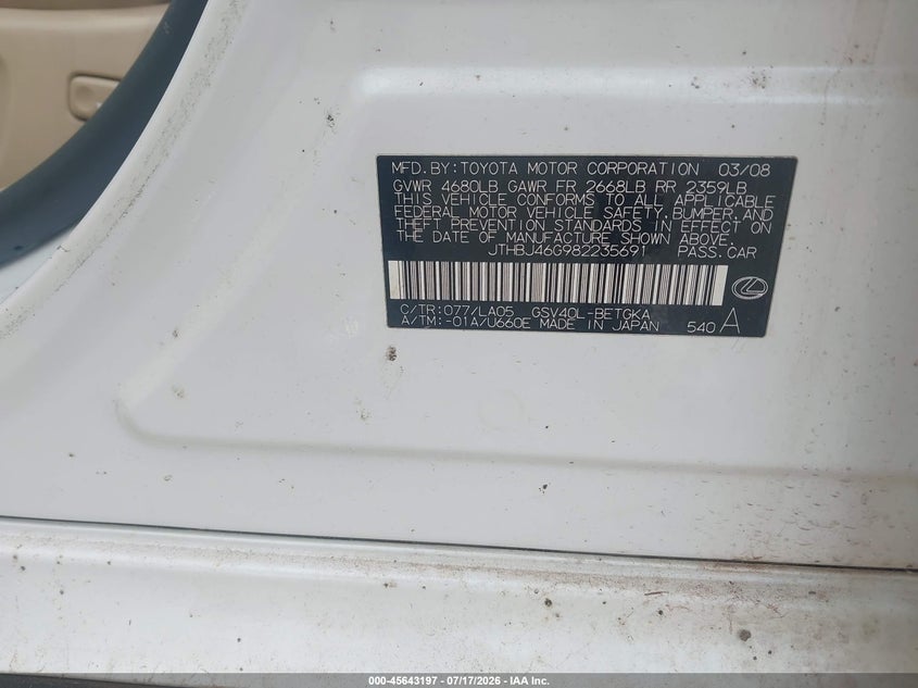 2008 Lexus Es 350 VIN JTHBJ46G982235691 IAAI salvage auction — NORMAL WEAR, Clear (Oklahoma), sold $275 on 2026-07-29 (photo 9)