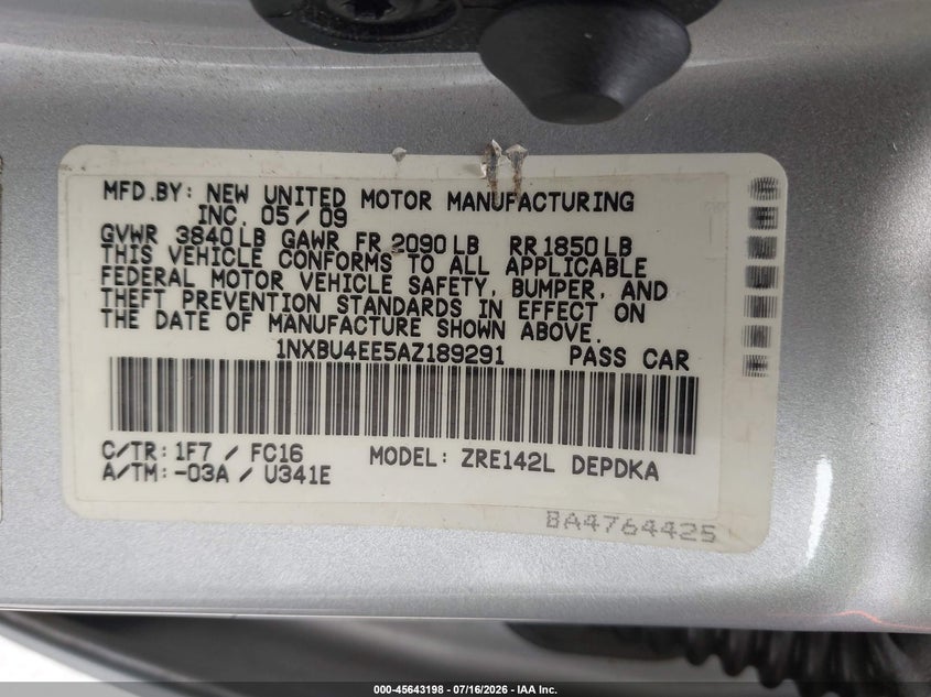 2010 Toyota Corolla VIN 1NXBU4EE5AZ189291 IAAI salvage auction — FRONT END, Mv-907A (New York), sold $1,150 on 2026-07-31 (photo 9)