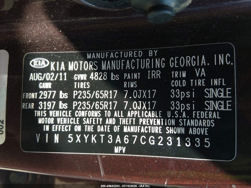2012 Kia Sorento VIN 5XYKT3A67CG231335 IAAI salvage auction — NORMAL WEAR, Clear (Illinois), sold $50 on 2026-07-28 (photo 9)